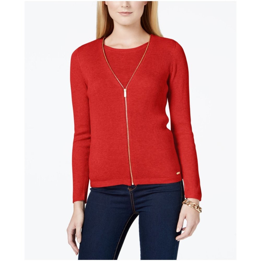 083 CALVIN KLEIN Red Ribbed Knit V-Neck Zip Front Cardigan Sweater sz S Women's - Picture 12 of 13